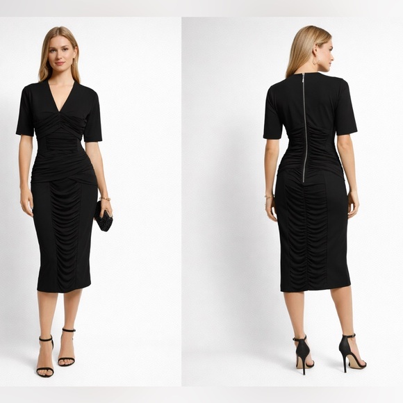 Burberry Dresses & Skirts - Burberry London Ruched Sheath Dress Black Size 12 Midi V-Neck Designer Bodycon